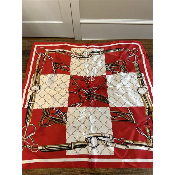 Red Equestrian 100%  Silk Scarf Square 20" X 20" - Picture 1 of 5